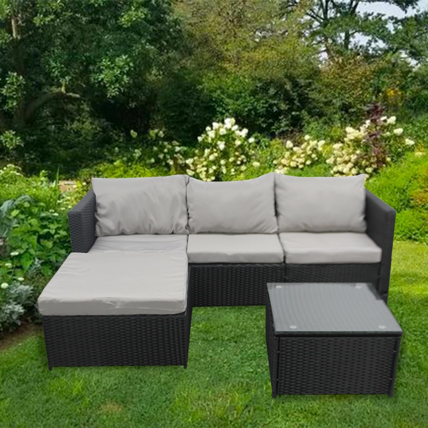 COZYBRITE Garden Corner Sofa Rattan Furniture Set 4 Seater Patio Outdoor Lounge Settee with Glass Coffee Table