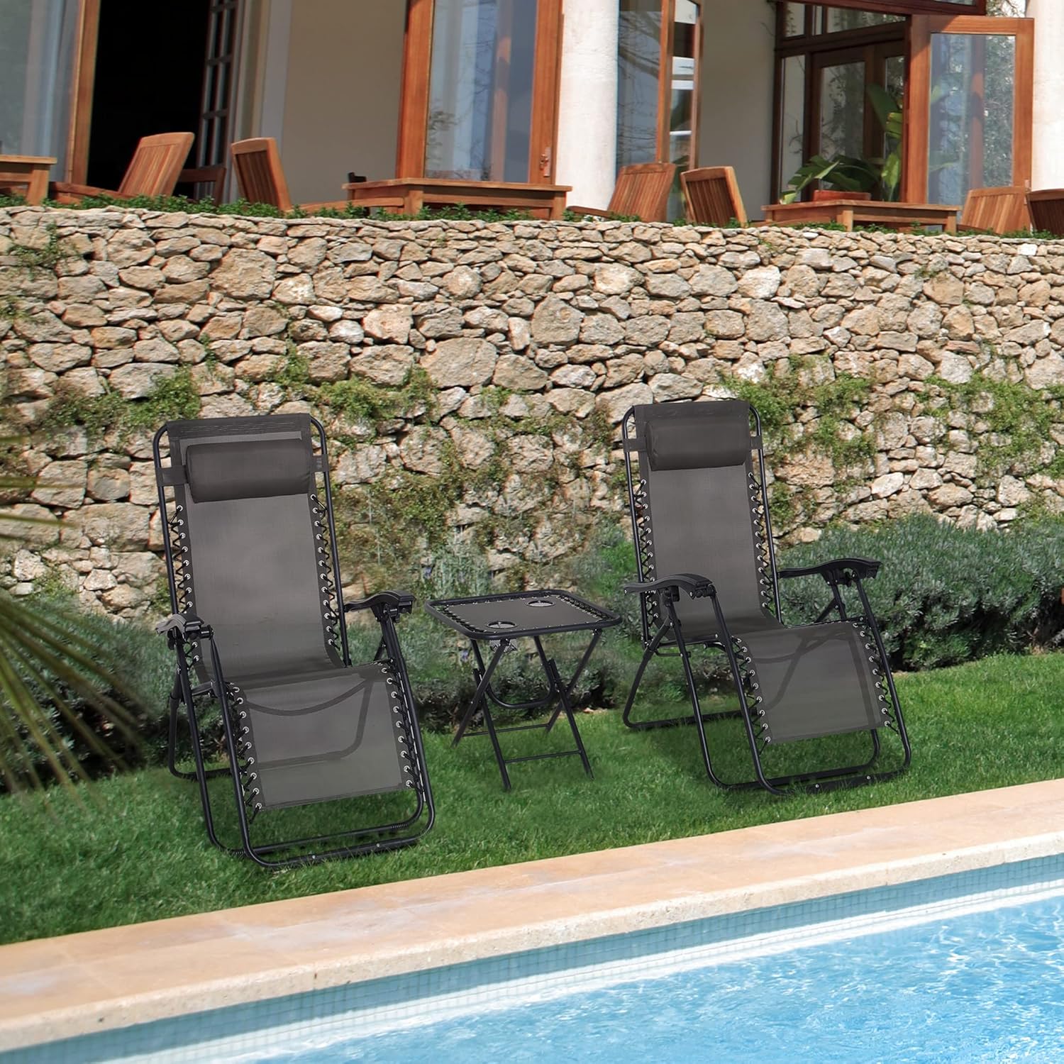 Outsunny Folding Zero Gravity Chairs, 3 Pieces Adjustable Sun Lounger and Table